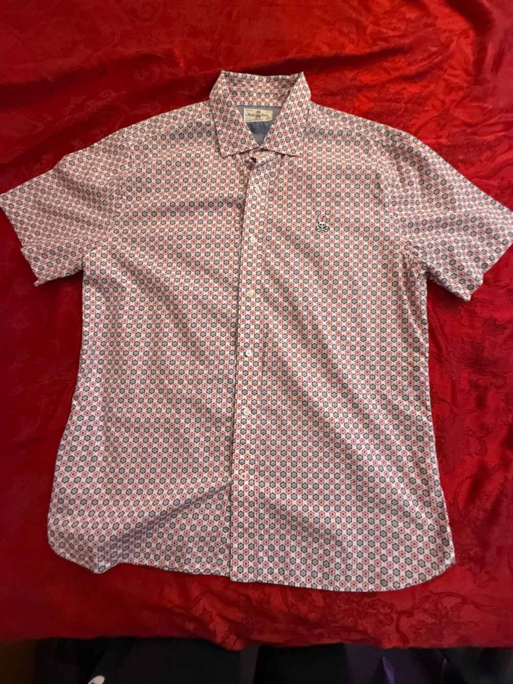 Psycho Bunny White & Red Short-Sleeve Button-Down Shirt